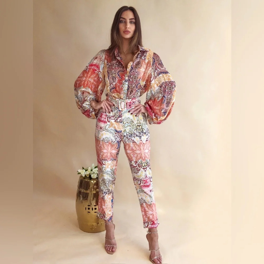 A Peach Masala Paisley Flower Design Trouser Set Size Large NWT - Picture 4 of 13